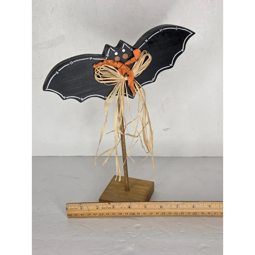 Halloween Wooden Bat Figurine Primitive Rustic Decor Black Orange Raffia